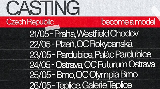 Castingy Elite Model Look pro eskou republiku probhaj v kvtnu 2025 v obchodnch centrech po cel zemi.