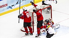 výcar Christoph Bertschy (88) oslavuje svojí trefu do sít Rakouska.