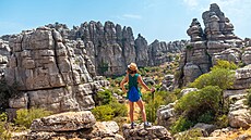 A back view of a woman standing on the rock and looking at the landscape of...