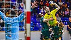 Zlínský házenká Radek Doleel pálí v utkání baráe o postup do extraligy proti...