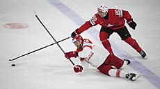 Dánský útoník Nikolaj Ehlers padá po podraení Nicolase Baechlera ze výcarska.