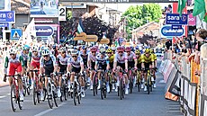 Peloton poprvé projí�dí cílem ve m�st� Cesano Maderno v 18. etap� Gira.