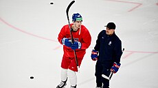 Martin Neas a Tomá Plekanec na tréninku ped tvrtfinále se védskem.