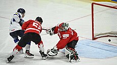 Finský úto�ník Patrik Puistola (vlevo) st�ílí gól v zápase s Kanadou.