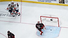 Floridtí hokejisté slaví gól, pekonaným je Frederik Andersen z Caroliny.