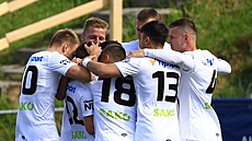 Líetí fotbalisté slaví gól.