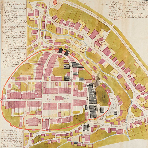 Plán idovského ghetta v Osoblaze, který dokumentuje barokní idovské osídlení,...