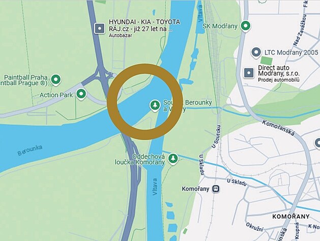 Mapa pesnho msta, kde mete mimo jin rybait na soutoku Vltavy a Berounky...