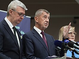 Pedseda ANO Andrej Babi, místopedseda hnutí Karel Havlíek a éfka poslanc...