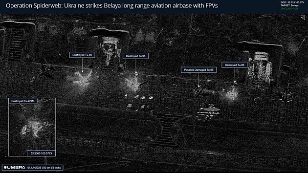 Operace Pavuina. Rozsah kod na leteck zkladn Blaja v Irkutsk oblasti. Podle satelitnch snmk zde bylo znieno pt strategickch bombardr Rusk federace