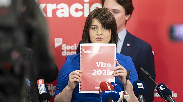 Tiskov konference zstupc Sociln demokracie k nadchzejcm volbm do Poslaneck snmovny. Na snmku pedsedkyn sociln demokracie Jana Malov. (2. ervna 2025)