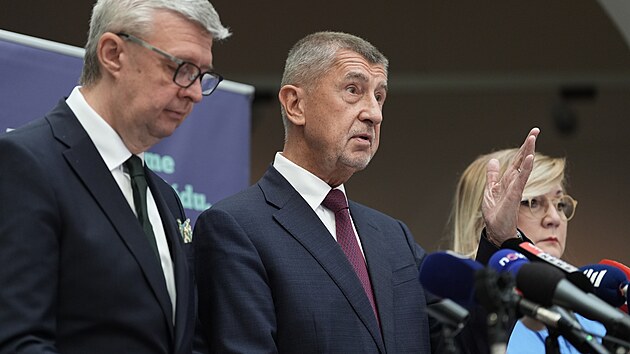 Pedseda ANO Andrej Babi, mstopedseda hnut Karel Havlek a fka poslanc ANO Alena Schillerov ve Snmovn (5..ervna 2025)
