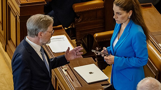 Premir Petr Fiala a navren ministryn spravedlnosti Eva Decroix ped zahjenm mimodn schze o bitcoinov afe. (5. ervna 2025)