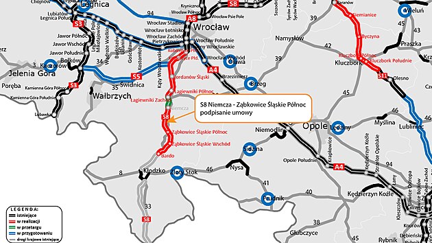 Polt silnii podepsali v lednu 2025 smlouvu na projektovn a stavbu seku S8 Niemcza - Zbkowice lskie. ern jsou stvajc silnice, erven v realizaci, zelen pozastaven, mode v pprav.