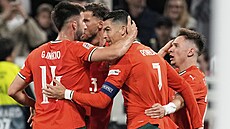 Portugaltí fotbalisté slaví gól bhem zápasu Ligy národ s Nmeckem.