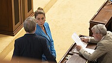 Petr Fiala, Eva Decroix a Petr Benda na ádné schzi Snmovny. (3. ervna 2025)