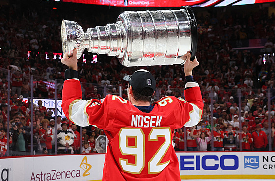 eský hokejista Tomá Nosek zvedá nad hlavu Stanley Cup.