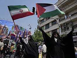 Írántí demonstranti drí íránské a palestinské vlajky na protiizraelském...
