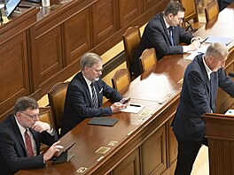 Premiér Petr Fiala a pedseda ANO Andrej Babi ped hlasováním o nedve vlád...