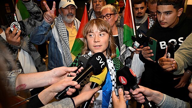 �v�dsk� ekologick� a propalestinsk� aktivistka Greta Thunbergov� na leti�ti ve Stockholmu po deportaci z Izraele. (10. �ervna 2025)