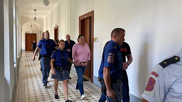 Nejpsnj trest, 13 rok ve vznici, soudci Krajskho soudu v Plzni vymili tyiatyicetilet Lence Hankov (na snmku v barevn koili). Podle nzoru soudc byla hlavou drogovho gangu, kter tal 13 mu a en. (18. ervna 2025)