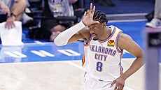Jalen Williams z Oklahoma City Thunder oslavuje svou trefu ve finále NBA.