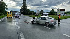 idi vozu Renault (vpedu) odeel od nehody ve Vysokov. V pozadí v tráv je...