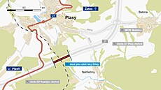Plánek s vizualizací, kde nový most nad ekou Stelou u Plas bude stát. Je...