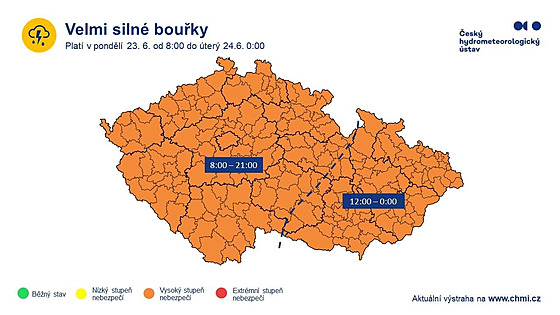 Výstraha HMÚ ped velmi silnými boukami. (22. ervna 2025)