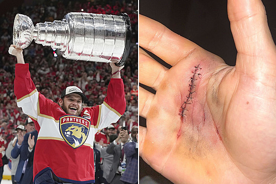 Kapitán Floridy Aleksander Barkov slaví obhajobu Stanley Cupu, tký pohár...