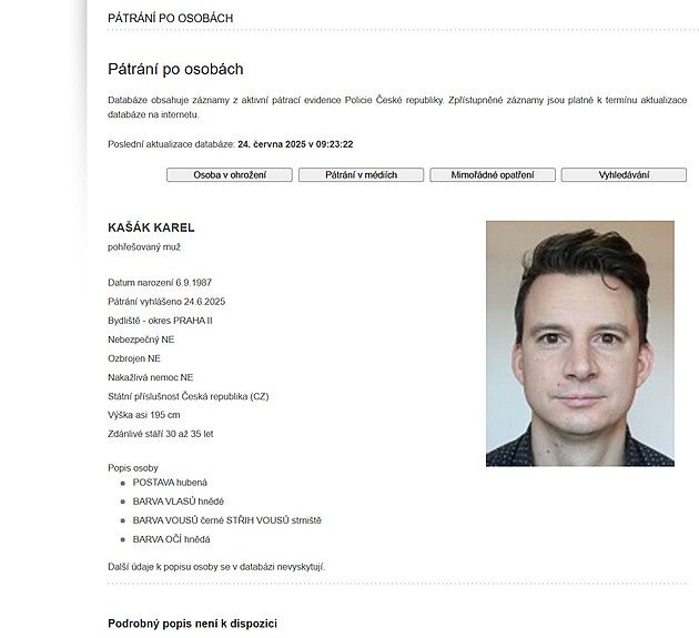 Modertor Karel Kak se objevil v sekci Ptrn po osobch na webu Policie...