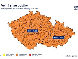 Výstraha HMÚ ped velmi silnými boukami. (22. ervna 2025)