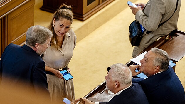 Ve Snmovn probh mimodn schze Snmovny. Na snmku Petr Fiala a ministryn spravedlnosti Eva Decroix. (25. ervna 2025)