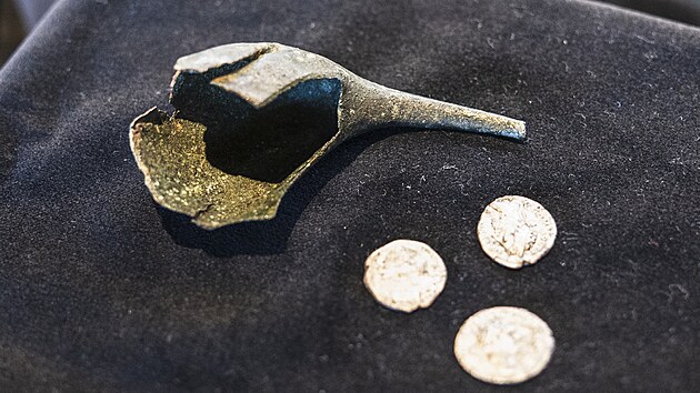 Fragment msk nramkov penenky star zhruba 1845 let, nalezen v pevnosti Hradisko u Muova. Vystaven je v Nvtvnickm centru Muov. (20. ervna 2025)
