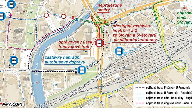 Mapa s vyobrazenm vluk a dopravnho omezen, kter ek na cestujc MHD i samotn idie.