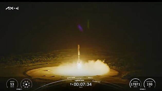 Pistn prvnho stupn nosie Falcon 9 po startu k misi Ax-4.