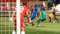 Fotbalisté Artisu Brno (v modrém jejich posila Vukadin Vukadinovi) pi svém...