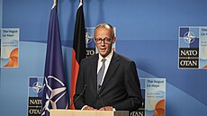 Nmecký kanclé Friedrich Merz hovoí bhem tiskové konference po plenárním...
