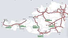 Zpoplatnné úseky rakouských dálnic a silnic. erven jsou vyznaené dálnice,...