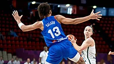 Francouzská basketbalistka Janelle Salaünová brání svj ko v zápase s Litvou.