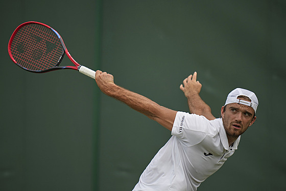 Tomá Machá se ohlíí po míi v prvním kole Wimbledonu.