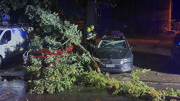 Pád mohutné vtve vzrostlého stromu pokodil dv vozidla. (8. ervence 2025)