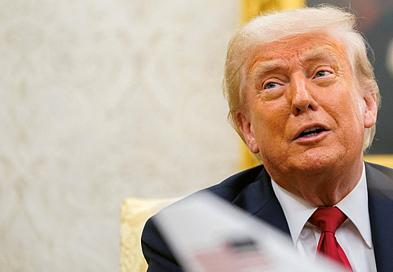 Donald Trump bhem setkání s Markem Ruttem v Oválné pracovn (14. ervence 2025)