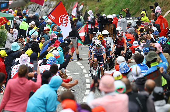 Lenny Martinez vede únik ve stoupání na Peyresourde ve 14. etap Tour de France.