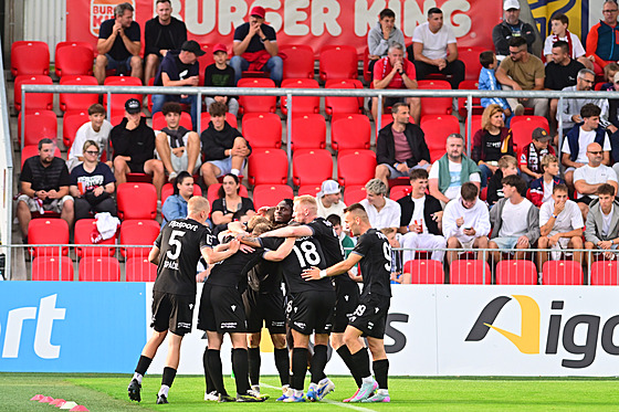 Plzetí fotbalisté se radují z dalího gólu v pardubické síti.