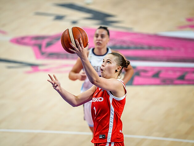 esk basketbalistka Emilie Brzoov (v ervenm) v utkn proti Argentin na...