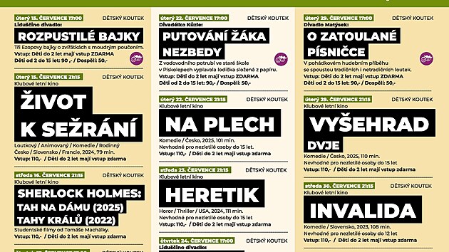 Kompletn program Letn scny Dtskho koutku vetn dilm Na plech a Heretik.