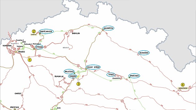 Mapa postien sti penosov soustavy. 1 - pd vodie na veden V411. 2 - vpadek elektrrny Ledvice. 3 - vpadek veden V 208. 4 - vpadek rozvodny Tnec-Kraskov