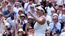 Amanda Anisimovová se raduje po semifinále Wimbledonu.