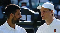 Klid ped bouí. Novak Djokovi (vlevo) v semifinále Wimbledonu s Jannikem...